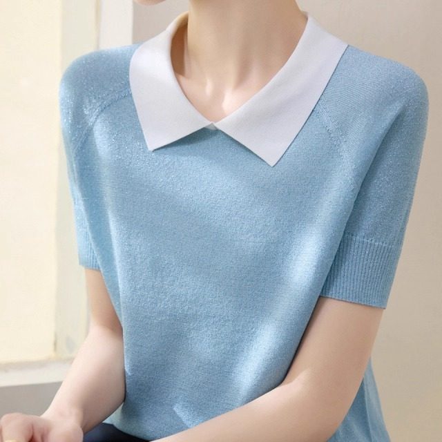 冰丝闪烁亮丝设计针织衫新款宽松高级感显瘦翻领短袖上衣女装