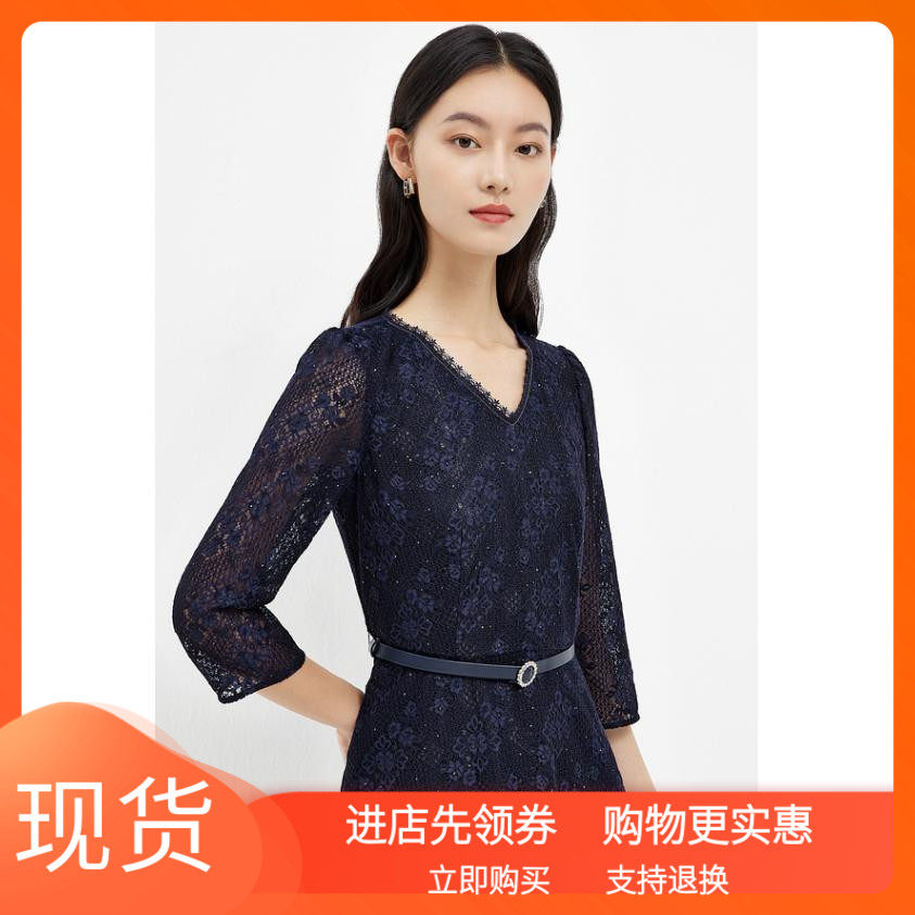 式气质蕾丝v领收腰连衣裙