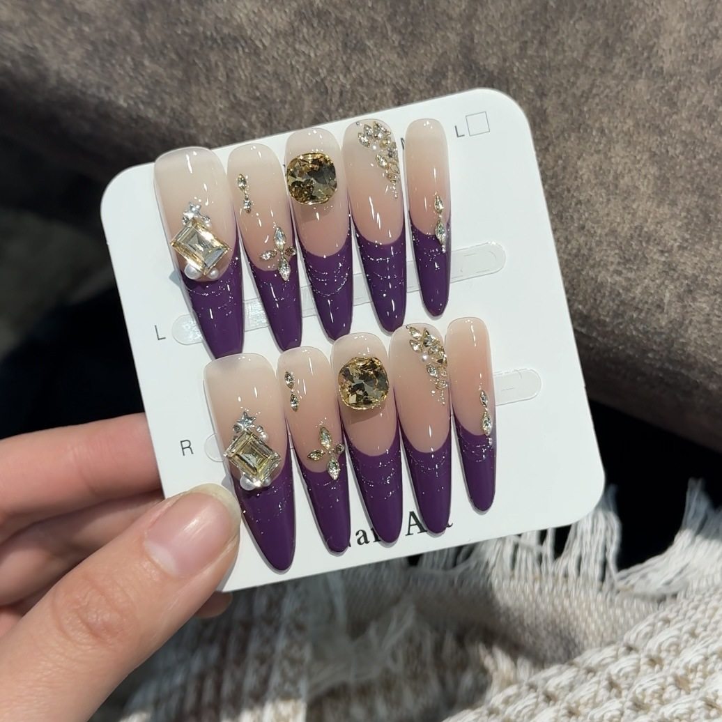 紫韵紫色渐变钻石纯手工穿戴甲长款美甲甲片轻奢高级感显白超长款,彩妆/香水/美妆工具,穿戴甲/甲片,淘宝优惠券,粉丝福利购,淘宝优惠卷