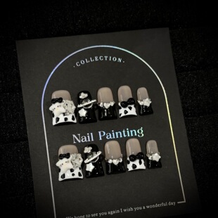 卡通猫咪法式 鸭嘴美甲甜美指甲艺术 纯手工穿戴甲可爱黑白色短款