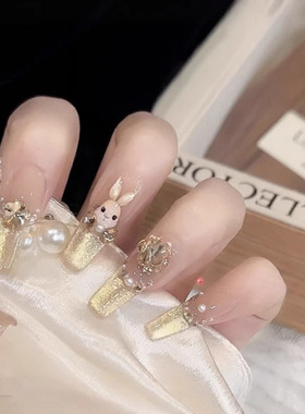 绵密鎏金爆闪猫眼法式大颗黄色碎钻春夏约会氛围感美甲穿戴甲成品