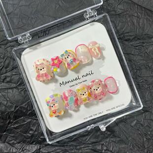 糖果小熊可爱卡通美甲贴片蝴蝶结飘带穿戴甲短款 指甲贴片可拆卸