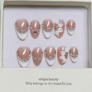 满钻闪粉美甲贴片高级感小众可拆卸指甲 欧美杏仁纯手工穿戴甲短款