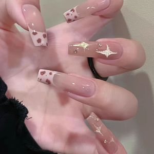 ins冰透鎏金玫瑰豹纹手工穿戴美甲加长款简约轻奢浪漫可拆卸美甲