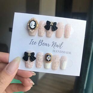 毛呢感格纹小香风美甲贴片蝴蝶结玻璃珠相框立体浮雕穿戴甲 法式