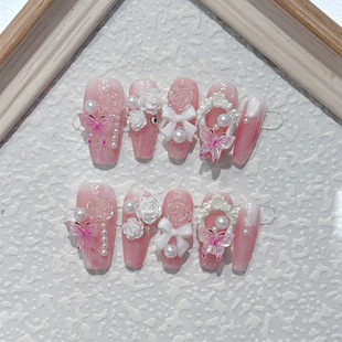 手工穿戴甲 温柔显白春日蝴蝶立体玫瑰花花嫁少女温精灵轻奢长T款