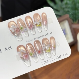 玻璃花春日甜美少女感装 气质轻奢纯手工冰花美甲 饰猫眼穿戴甲法式