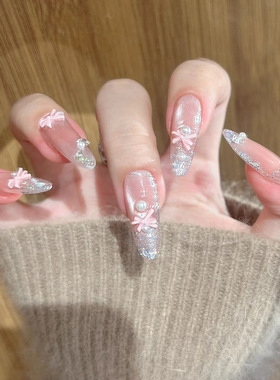 芭蕾舞鞋纯手工穿戴甲粉色系猫眼蝴蝶结仿珍珠爆闪纯欲美甲小众