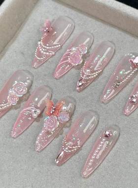 纯手工穿戴甲粉嫩蝴蝶结美甲贴片