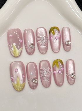 紫色郁金香新款春天玻璃珠猫眼立体浮雕蝴蝶长款纯欲风穿戴甲贴片