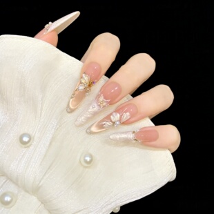 2026新款 猫眼高级感轻奢尖美甲 纯手工穿戴甲蝴蝶花朵珍珠显白法式