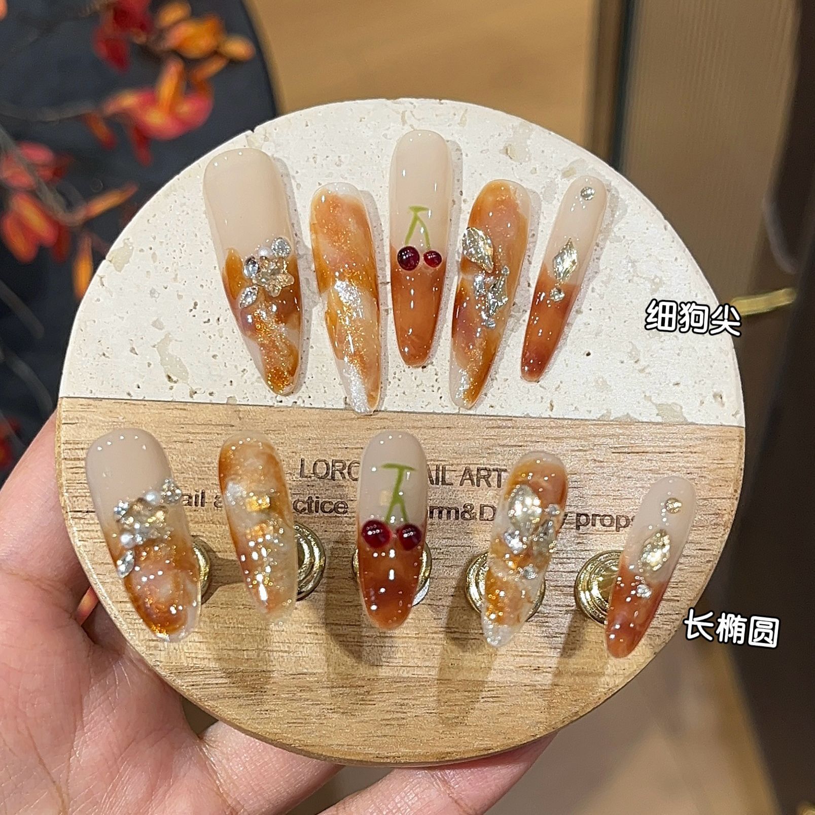 温柔精致纯手工穿戴甲樱桃钻石
