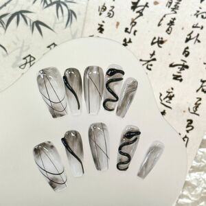 纯手工穿戴甲新中式国风水墨画美甲清冷感小蛇长款显白可拆卸美甲