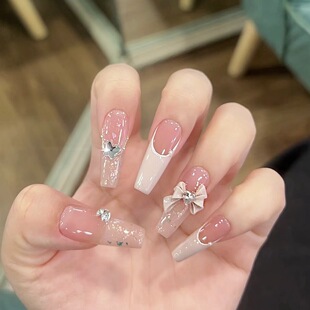 纯手工穿戴甲法式 美甲贴片 蝴蝶结少女心甜妹风极光闪粉显白长款