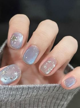 玻璃珠蓝色猫眼幸运编码星空银河仿珍珠星星短款可拆卸穿戴甲贴片