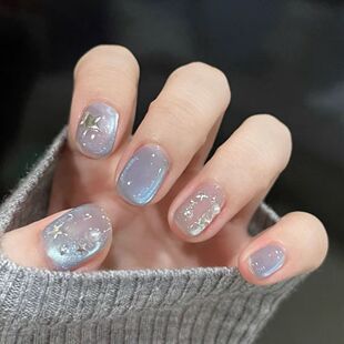 玻璃珠蓝色猫眼幸运编码 可拆卸穿戴甲贴片 星空银河仿珍珠星星短款