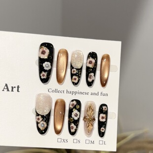 黑金小花穿戴甲高级感长款 甜酷辣妹小众猫眼 可拆卸显白2025新年款