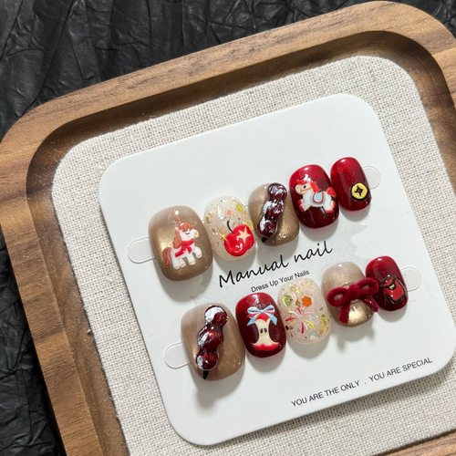 新年款手工穿戴甲红色卡通短甲