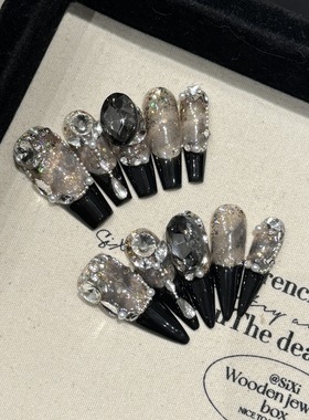 小众设计黑色法式显白大钻细闪亮片仿珍珠甜酷辣妹长款美甲穿戴甲