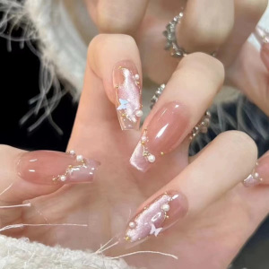 纯欲魔镜粉手工穿戴甲夏日温柔轻奢冰透猫眼晨露蝶翼光疗美甲贴片