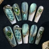 ins爆闪水波蓝布契拉缇西域风公主猫眼美甲高级轻奢长款 手工美甲