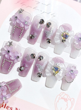 手工穿戴甲2024高级感显白粉紫色凤鸢尾花带钻小众可拆卸指甲贴片