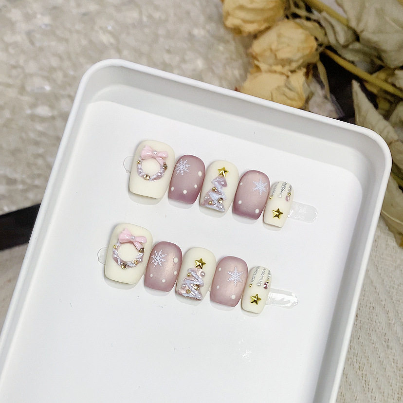 圣诞树蝴蝶结雪花纯手工穿戴甲