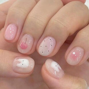 日常波点腮红晕染甜心少女可拆卸穿戴甲 可爱手绘小白兔大樱桃短款