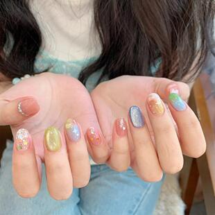 可爱杏仁玻璃珠纯手工穿戴甲个性多巴胺清新夏日ins风新款彩色甲