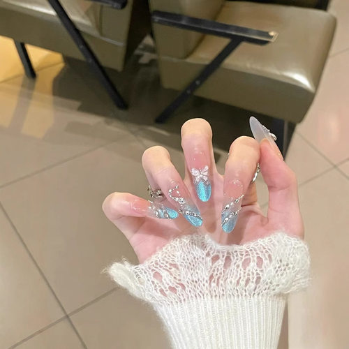 人鱼姬渐变冰蓝极光镜面美甲贴片