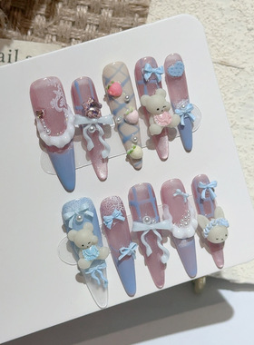 蕾丝蓝色法式菱格线条蝴蝶结可爱草莓小熊粉猫眼仿珍珠长款穿戴甲