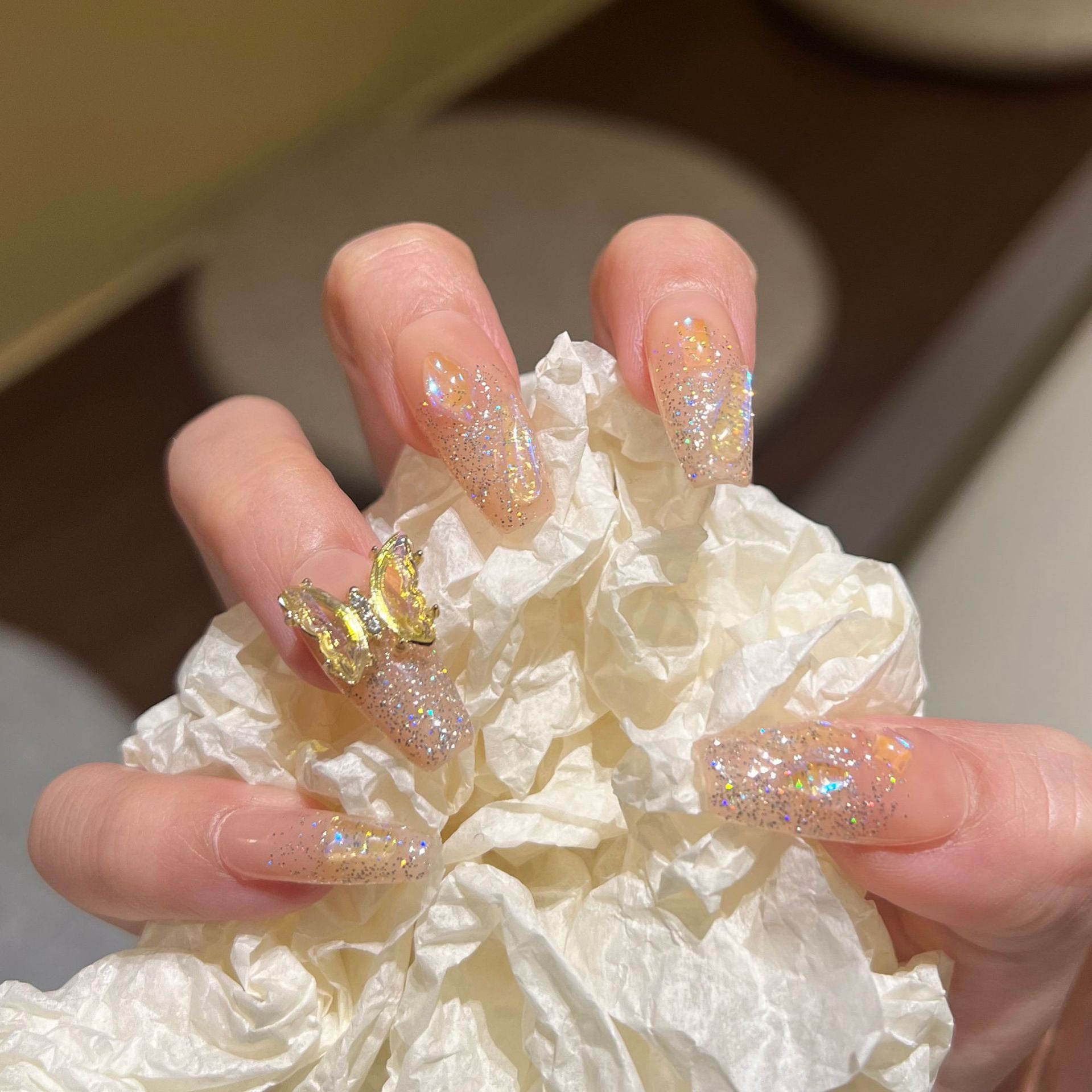 清冷风黄色立体蝴蝶亮片穿戴甲