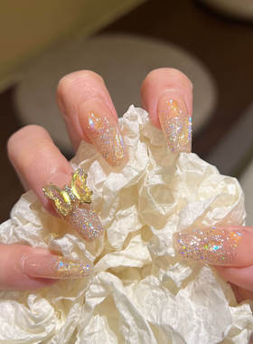 清冷风黄色立体蝴蝶彩色细闪亮片渐变裸色简约百搭可拆卸穿戴甲