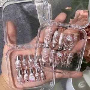 手工穿戴甲法式魔镜猫眼爆闪银色冰透长款kitty猫美甲成品穿戴式