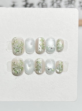 国风穿戴甲新中式手绘绿色魔镜竹子灯盘猫眼拉线手工美甲日常简约