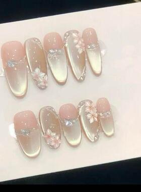 纯手工穿戴甲高级轻奢穿戴式美甲气质香槟显白百搭美甲蝴蝶结猫眼