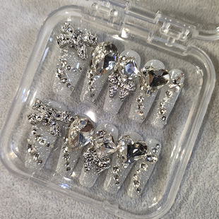 纯手工穿戴甲可拆卸小众高级显白气质美甲 重工满钻纯色爆闪长款