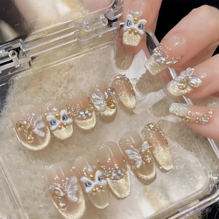 ins新年爆闪冰透猫眼醒狮美甲轻奢碎钻蝴蝶可爱可拆卸手工穿戴甲