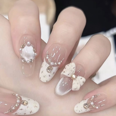 小香风法式蝴蝶结玻璃珠猫眼美甲