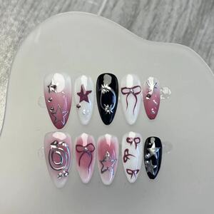手工穿戴甲美甲手绘感星星蝴蝶结粉色腮红晕染显白带钻杏仁假指甲