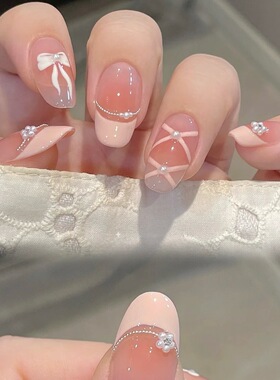 短款芭蕾舞鞋法式绑带仿珍珠蝴蝶结腮红少女氛围感粉色美甲穿戴甲