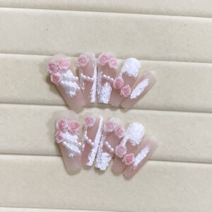 粉色少女心手工穿戴立体玫瑰花晕染石膏高级感显白穿戴式美甲长款