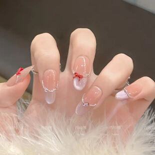 纯欲冰透美甲高级感穿戴甲法式蝴蝶结显白ins气质甜妹千金风美甲