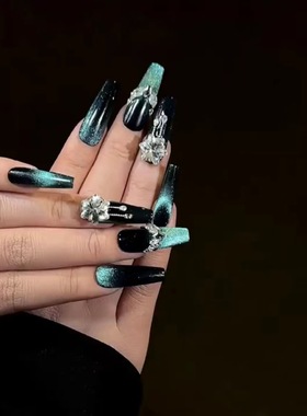 ins蓝宝石猫眼手工穿戴甲蓝黑色渐变长款奢华大钻显白可拆卸美甲