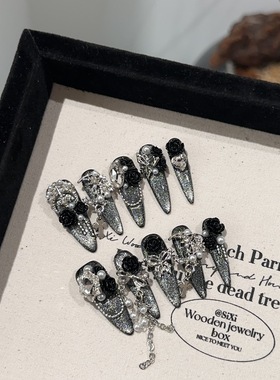 ins轻奢贵气感黑色山茶花银色猫眼美甲显白长尖可拆卸手工穿戴甲