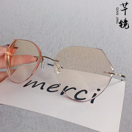 纯钛ins无框眼镜女近视大脸超轻钻石切边眼镜配有度数切割近视镜