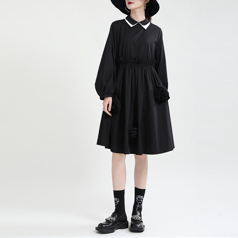 2024春秋季女歌手演员时尚立体玫瑰花裙子暗黑风翻领大摆连衣裙女