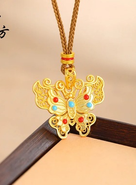 2025新中式高保色古法沙金红蓝花丝蝴蝶吊坠珐琅彩工艺项链毛衣链