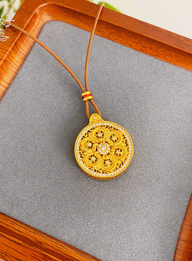 新中式莲花点钻罗盘项链铜镀金编绳毛衣链高级感轻奢复古男女