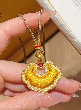 国风沙金实心双面点钻拉丝如意吊坠黄金色项链祥云福锁挂坠送女友